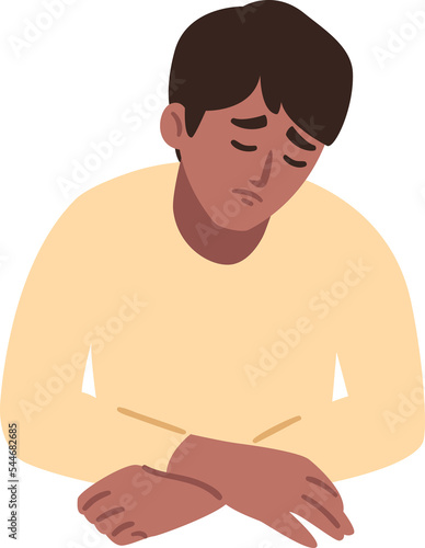 Man is having a headache. Boy feels anxiety and depression. Psychological health concept. Nervous, apathy, sadness, sorrow, unhappy, desperate, migraine. Flat illustration. (ID: 544682685)