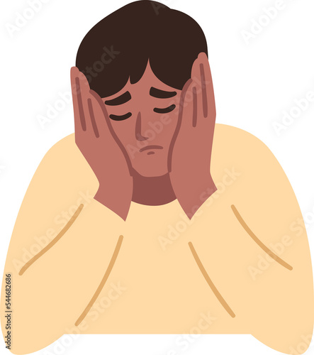 Man is having a headache. Boy feels anxiety and depression. Psychological health concept. Nervous, apathy, sadness, sorrow, unhappy, desperate, migraine. Flat illustration. (ID: 544682686)