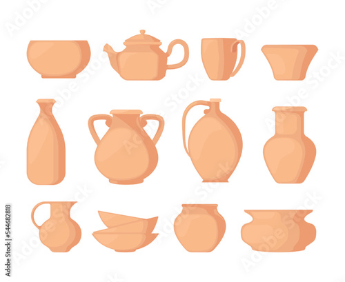 Clay vases. Ceramic ancient pottery kitchenware, earthenware cup pot vessel kettle jar pitcher utensil decorative cookware assortment flat style. Vector set of vase clay pottery illustration