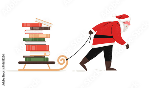 Santa Clause pulling sled with stack of books. Literature, education, library Christmas gift concept.