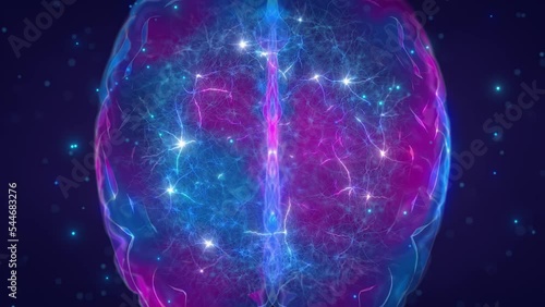 Artificial intelligence and neural network animation concept. Using machine learning for big data analysis. Neurons relaying electrical signals within a digital brain, zoom out.