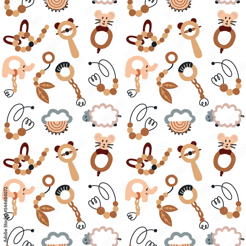 Seamless pattern wooden toys rattles. Baby Shower Scandinavian pastel wallpaper. Textile fabric design for kids. Flat bohemian vector neutral background paper Seamless pattern wooden toys rattles. Baby Shower Scandinavian pastel wallpaper. Textile fabric design for kids. Flat bohemian vector neutral background paper