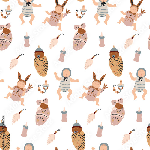 Seamless minimalist pattern newborn babies. Baby Shower Scandinavian pastel wallpaper. Textile fabric design for kids. Flat bohemian vector neutral background paper