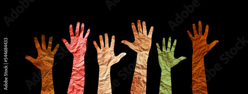 Different cultures in international society concept. Diverse group of multiethnic multicultural hands silhouette.