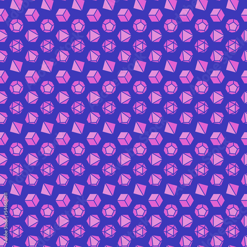 Purple Seamless Pattern of D4, D6, D8, D10, D12, and D20 Dice for Board Games