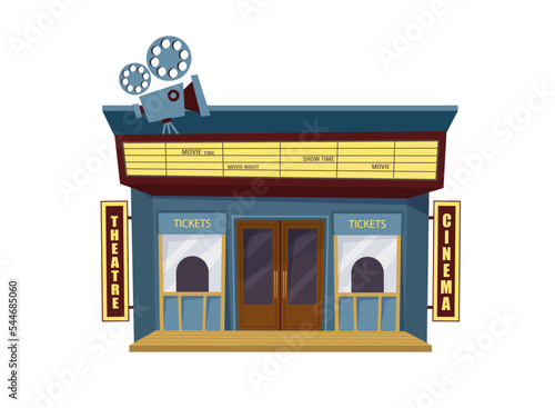 Cinema building vector illustration isolated on white background. Movie theater and houses exterior view in flat style.