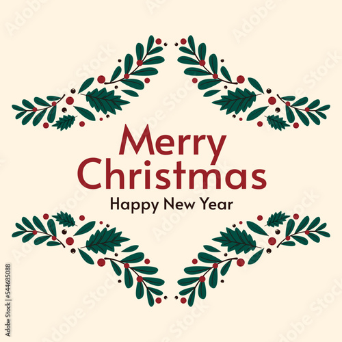 Merry Christmas banner. Christmas holly berry leaves isolated. Cute holly isolated on white background. Vector illustration. Template.