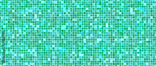 Turquoise swimming pool mosaic tile seamless pattern. Abstract vector background. Shower or kitchen floor and wall decoration. Bathroom with modern interior design. Texture of tiny squares