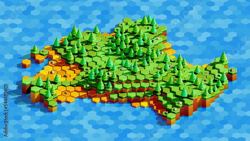 Video Game Landscape of Green Island With Fir Trees in the Ocean Out of Hexagonal Blocks. Vector Isometric Illustration