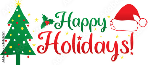 Happy Holidays Graphic with Tree and Santa Hat