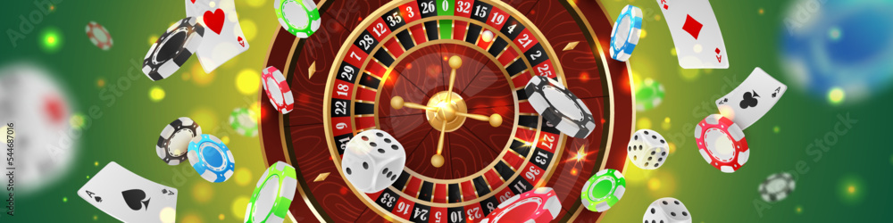 Banner with Сasino roulette with colored poker chips, tokens, playing cards, dices, around, on green background with golden lights, glare, sparkles. ector illustration for game design, advertising. Banner with Сasino roulette with colored poker chips, tokens, playing cards, dices, around, on green background with golden lights, glare, sparkles. ector illustration for game design, advertising.