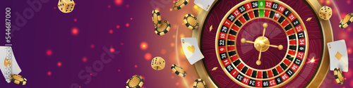 Banner with Golden casino roulette, wheel with flying poker chips, tokens, playing cards, dices, around on purple background with lights, bokeh. Vector illustration for design, advertising.