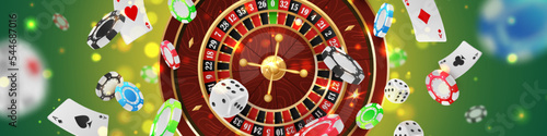 Banner with Сasino roulette with colored poker chips, tokens, playing cards, dices, around, on green background with golden lights, glare, sparkles. ector illustration for game design, advertising.