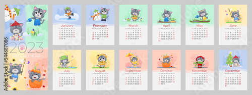 Calendar of 2023 year, posters with cute gray kitty, cat in winter, spring, summer, autumn. Vector illustration for postcard, banner, web, design, art