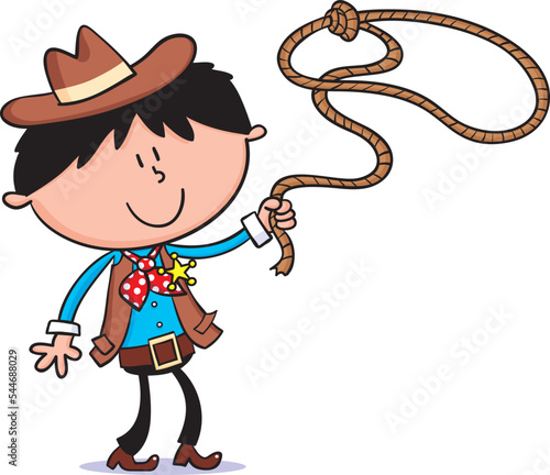 Cowboy cartoon of a boy with a lasso isolated on white.
