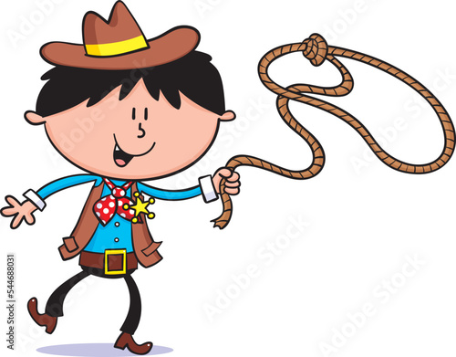 Cowboy sheriff cartoon of a boy with a lasso isolated on white.