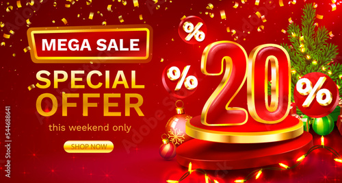 Merry Christmas, 20 percent Off. Discount creative composition. Sale banner and poster. Vector