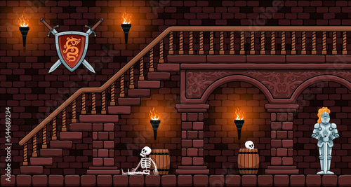 Medieval castle dungeon. Castle interior with stairs. Knight armour. Shield and swords on the wall. Vector