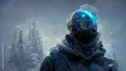 the futuristic soldier vigilante snow and ice vigilance background. photo