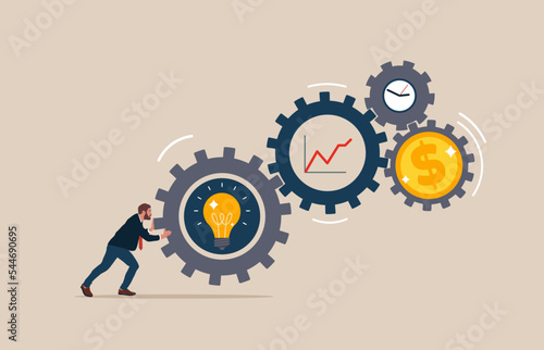Character is pushing a big gear. Search for a solution to the problem. Symbol of opportunity, improvement, motivation, challenge. Effort and time to make money, success long term investment.