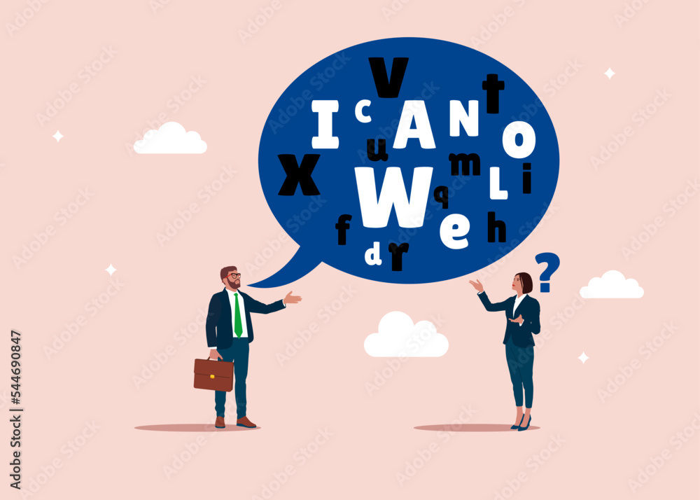 Businessman talk with jargon word in speech bubble dialog make partner confused. Complicated conversation, difficult to explain. Flat vector illustration. Businessman talk with jargon word in speech bubble dialog make partner confused. Complicated conversation, difficult to explain. Flat vector illustration.