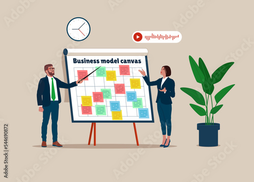 Businessman and partner present business model on whiteboard. Brainstorm for business idea or plan to achieve goal, management strategy. Flat modern vector illustration.