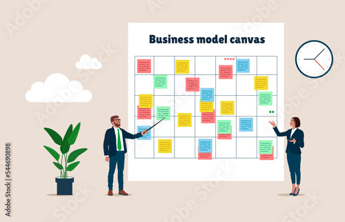Business people present business model on whiteboard. Brainstorm for business idea or plan to achieve goal, management strategy. Flat vector illustration.