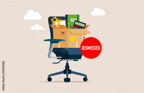 Dismissed. Fired from job. Business chair with box with office things. Flat style vector illustration.
