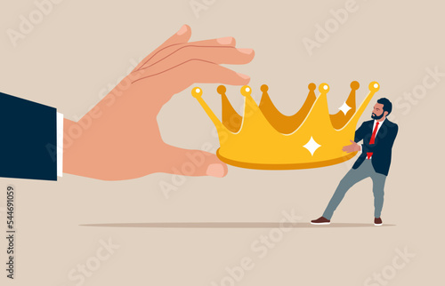 Angry coworker fighting by pulling golden crown metaphor of job promotion position. Fighting for job promotion, competition or jealousy colleague. Flat vector illustration. 