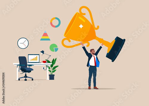 Businessman get award for winning business success. Flat modern vector illustration. 