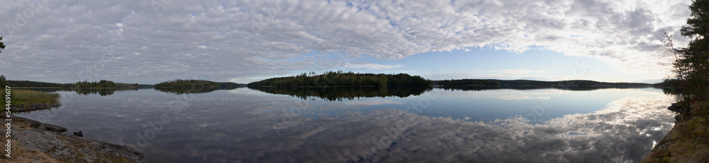 Sunrise over Ladoga lake landscape panorama
