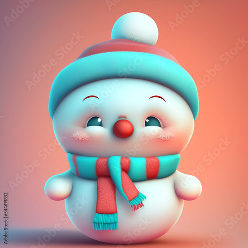 Cute Kawaii Snowman Christmas, Squishy Christmas Character, Cute pastel colors, Plush toy Snowman, 3D render illustration