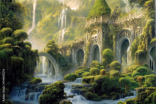 Scenic view on the old Fairy castle in the forest, Fantasy scene 