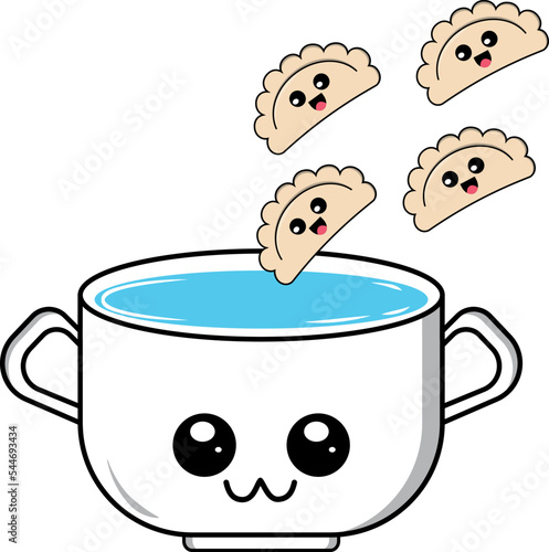 Kawaii pot with boiled water and dumplings are throwing in