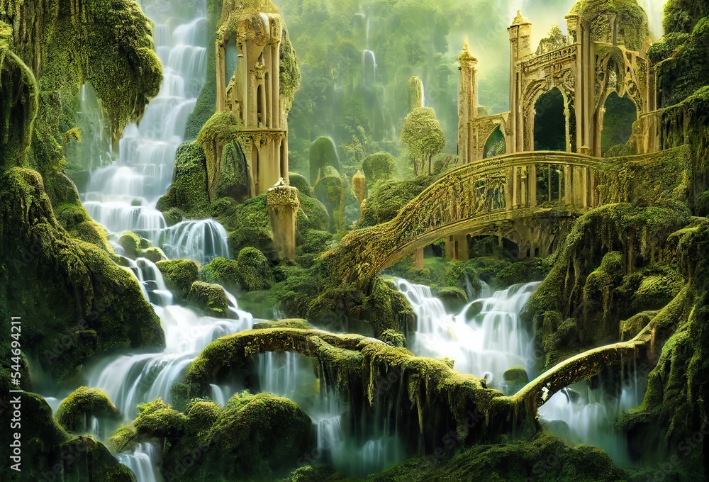 Elven castle near waterfall in the forest, magical fairy world