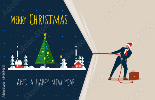 Businessman pulling light blank fabric. Christmas tree and decoration. Flat style vector illustration.