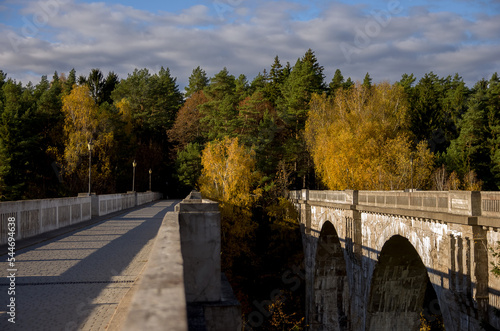 Stary betonowy most na wysokich filarach z lasem na horyzoncie na tle pięknego nieba. 