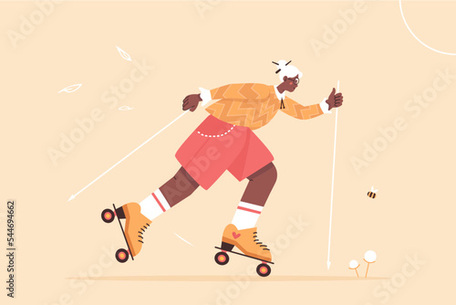 African american elderly woman rollerblading with walking poles similar to ski poles. Senior active sport. Modern fashion granny.