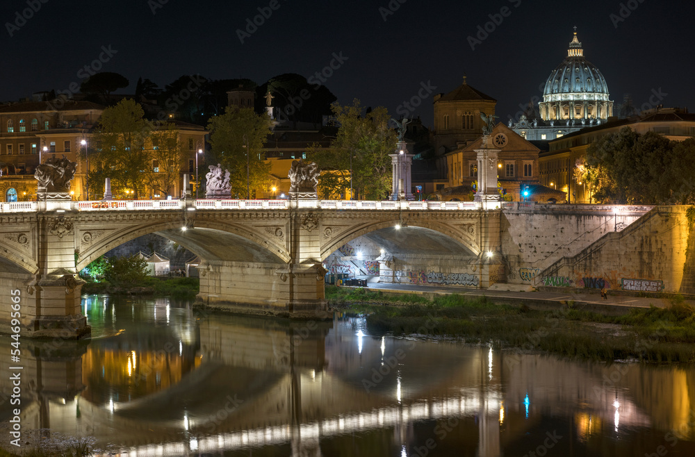 Night  view in the center of Rome with St Peter's Dome