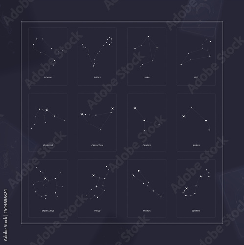 Set of vector constellations of the northern and southern hemispheres - Ursa Minor and Major, Pegasus, Cassiopea and others. All main constellation with names of stars and constellations. Sky map