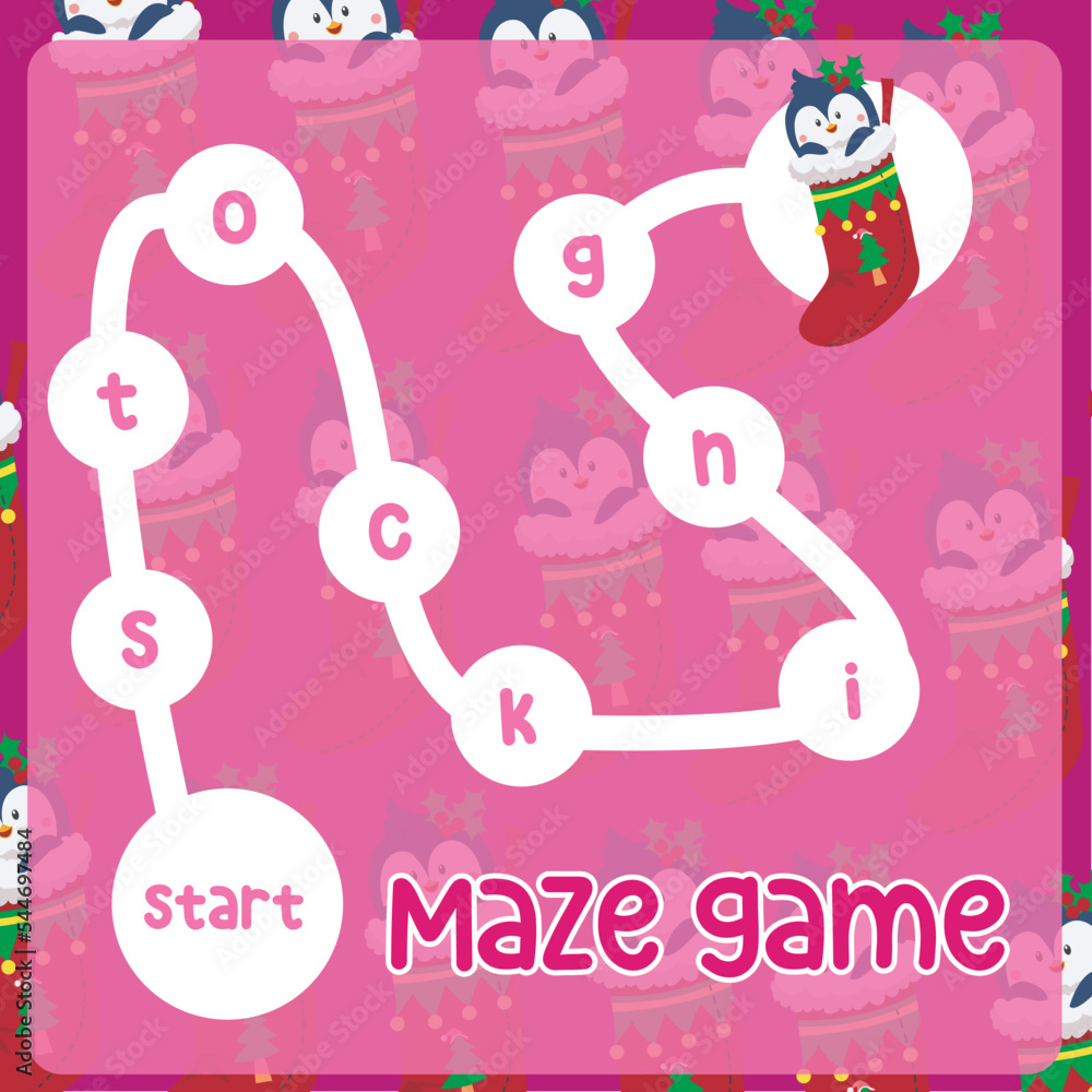 Fototapeta premium Maze game tracing the word orderly. Printable Christmas theme maze game worksheet for kids. Educational printable sheet. Vector illustration file.