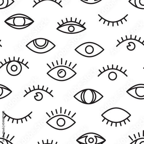 Eye vector seamless pattern, minimal character line print, cute doodle texture, black look eyes wallpaper. Cartoon illustration