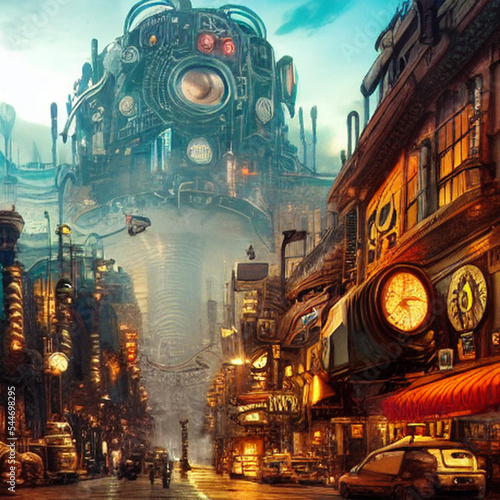 Steampunk Futuristic city skyline