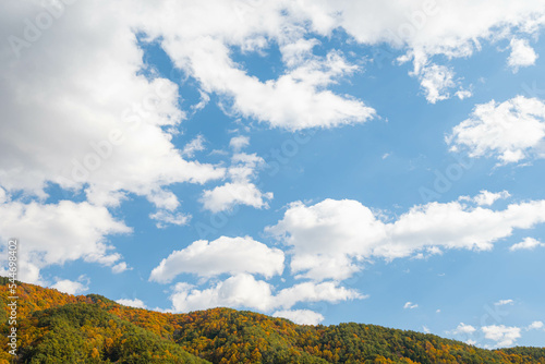 紅葉した山とさわやかな青空