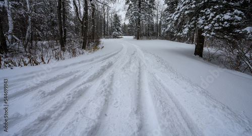 Deep vehicle tracks in fresh snow that is about one foot deep. In a forest setting looking along a narrow lane. 