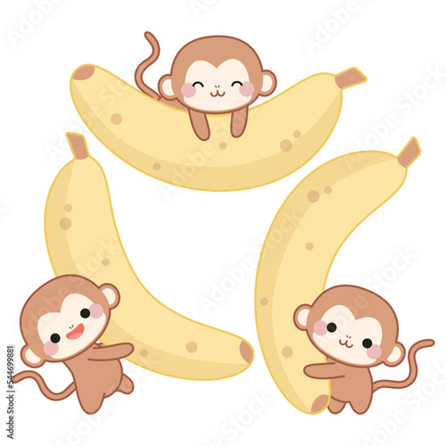 Set of three cute monkeys in kawaii style with bananas and different emotions. 