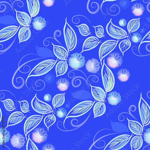 Vector seamless floral winter pattern on a bright blue background flowers and leaves in cold color for home textiles, gift wrapping, wallpapers.