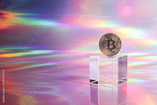 Golden bitcoin coin on podium on holographic, abstract, neon background. digital currency, business style. Mining and trade bitcoin concept. photo