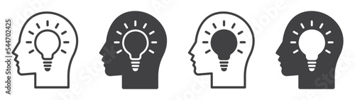Set of icons head with bulb. Idea head symbol, light bulb in head sign, creativity and solution. Head light bulb icon, head thinking with lightbulb. Vector illustration.