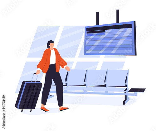 Businesswoman or entrepreneur carrying suitcase hurries to board departing aircraft. Concept of business travel